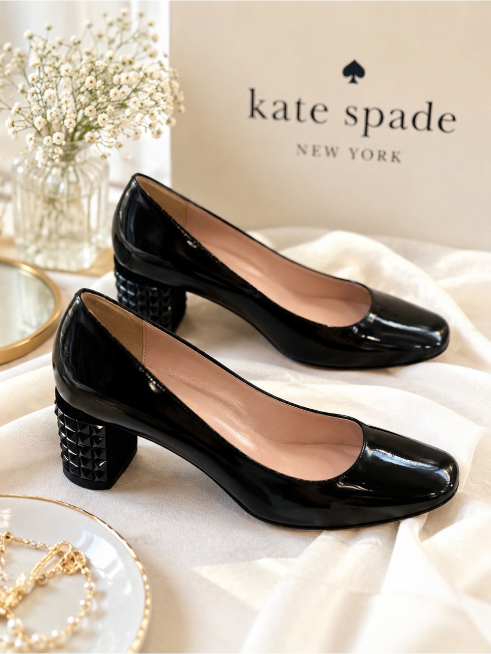 Kate Spade Glossy Black Patent Studded Block Heel Pumps Made in Italy 6.5B